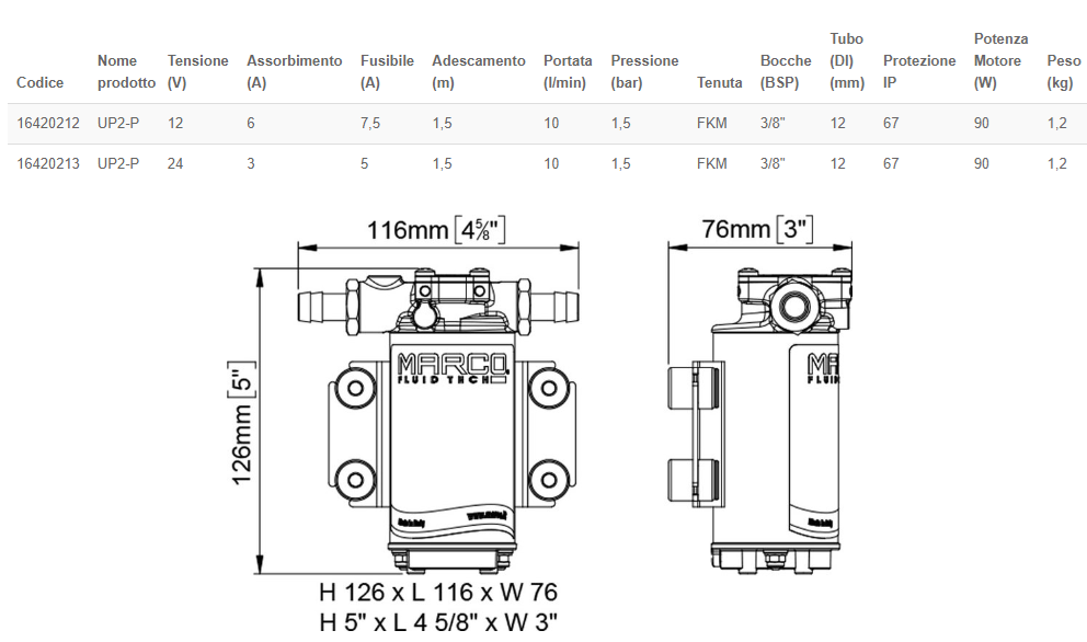 Marco UP2-P 12V Pompa 10 lt/min per liquidi motori con ingranaggi in PEEK