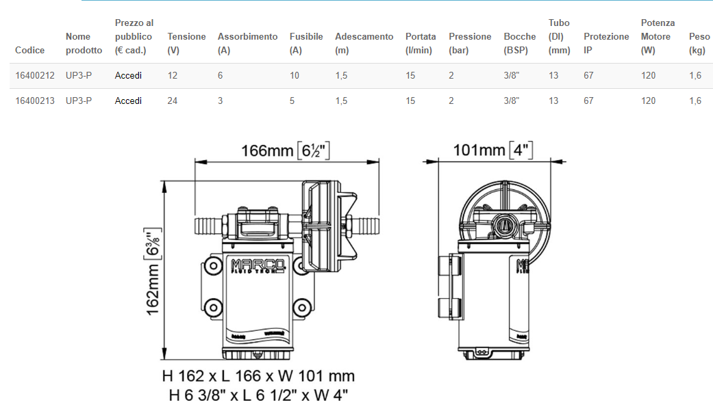 Marco UP3-P 12V Pompa 15 lt/min per liquidi motori con ingranaggi in PEEK