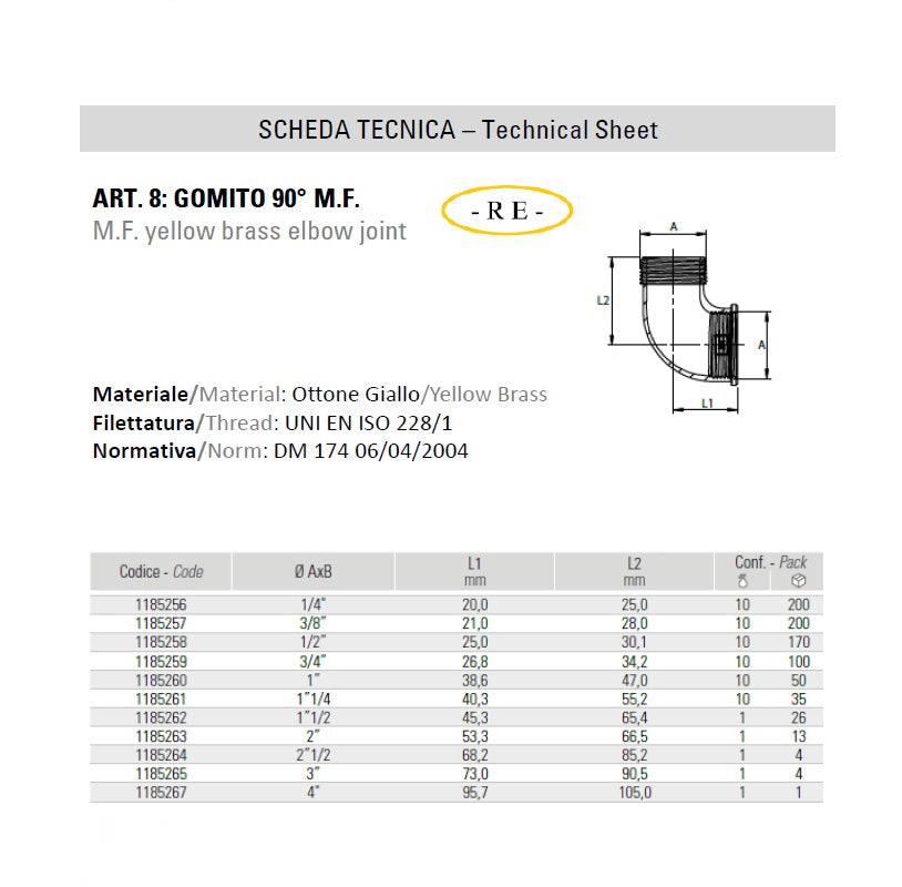 Gomito 90° M.F. in ottone giallo