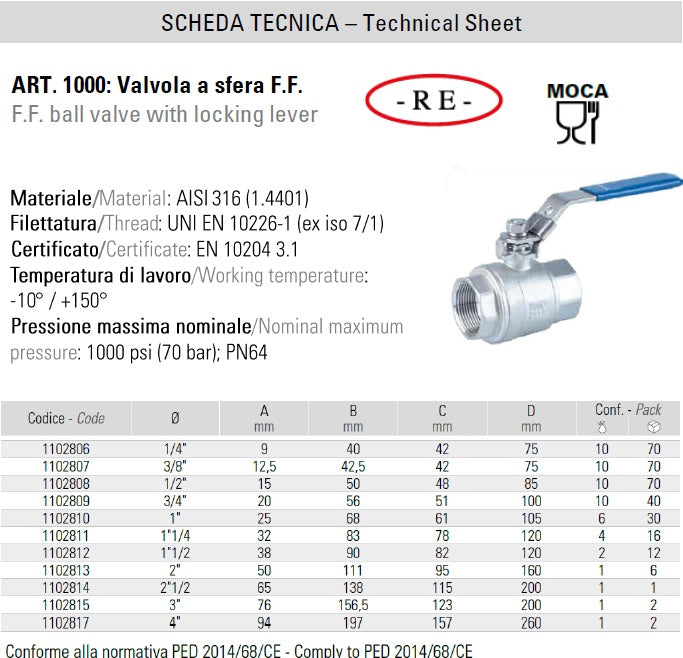Valvola a Sfera F.F in Acciaio Inox AISI 316