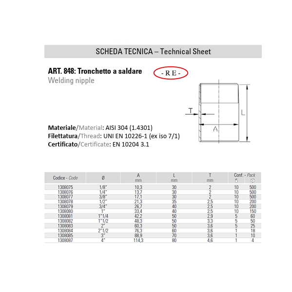 Tronchetto a Saldare in Acciaio Inox AISI 316
