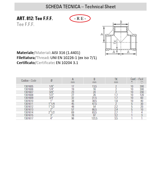Tee F.F.F. in Acciaio Inox AISI 316