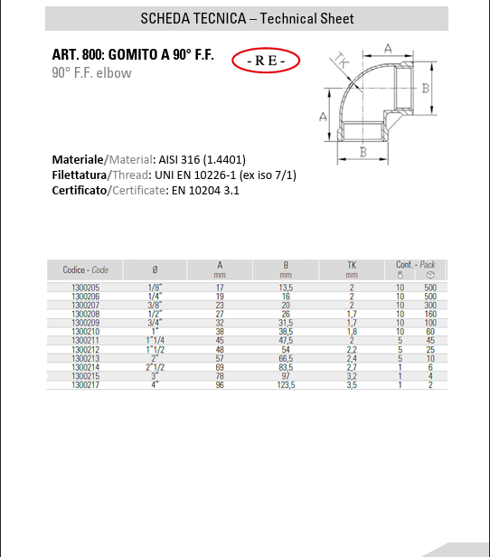 Gomito 90° F.F. in Acciaio Inox AISI 316