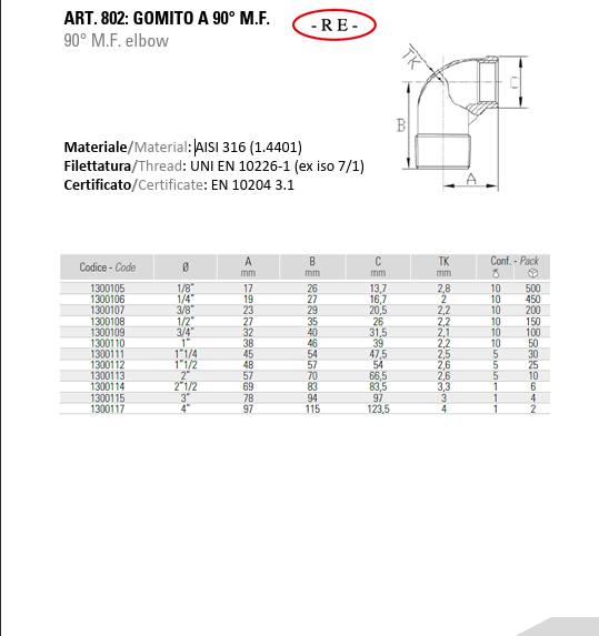 Gomito 90° M.F. In Acciaio Inox AISI 316