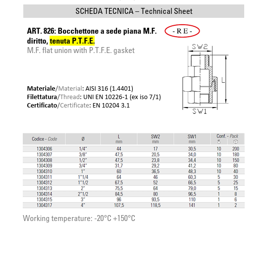 Bocchettone Conico M/F Diritto In Acciaio Inox AISI 316
