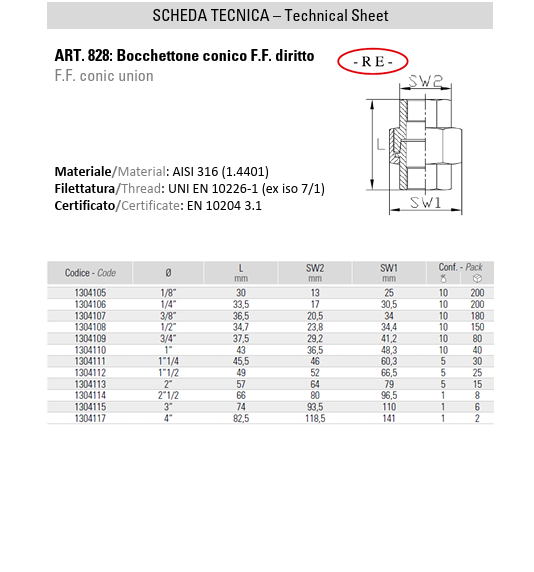 Bocchettone Conico F.F. Diritto In Acciaio Inox AISI 316