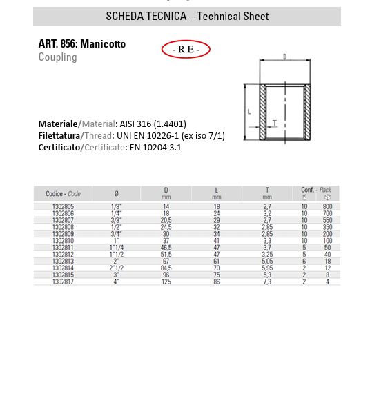 Manicotto in Acciaio Inox AISI 316