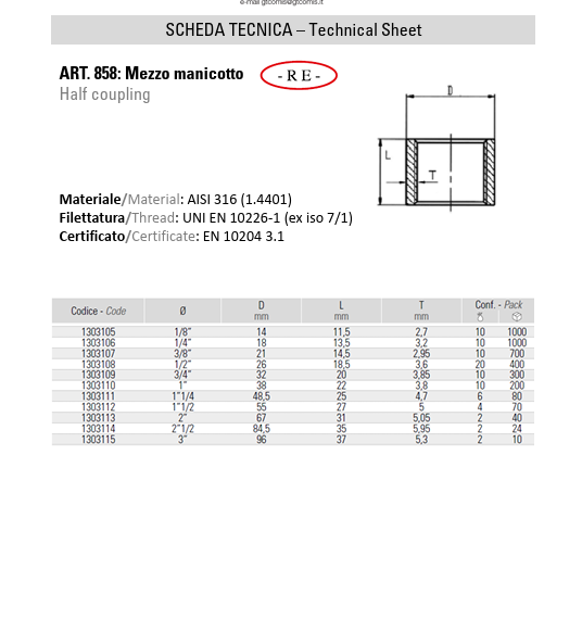 Mezzo Manicotto 1" in Acciaio Inox AISI 316