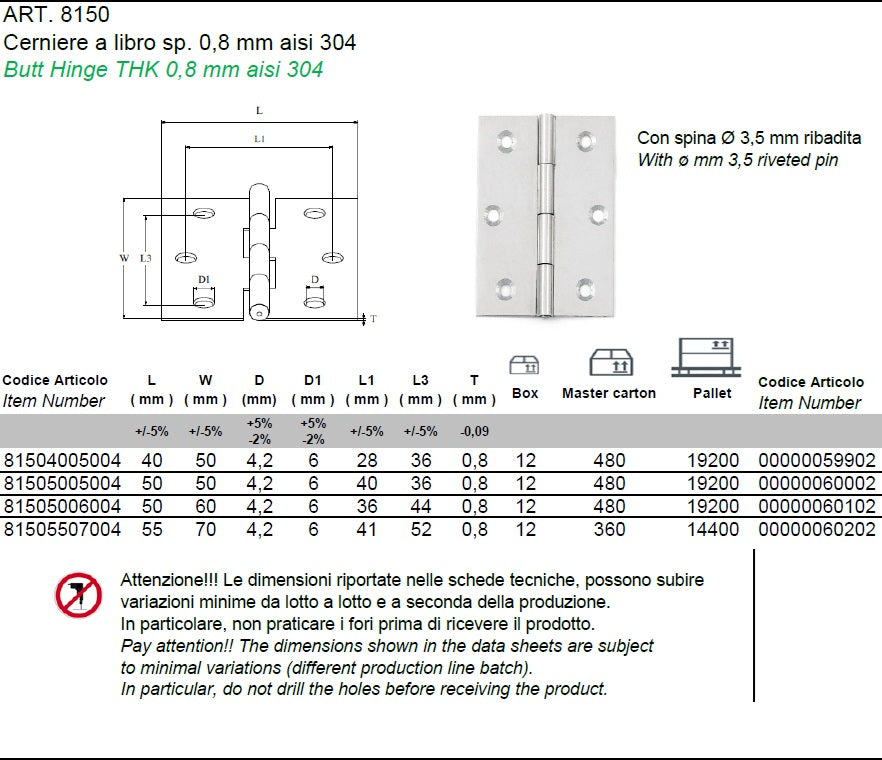 Cerniera a libro sp. 0,8 mm inox AISI 304