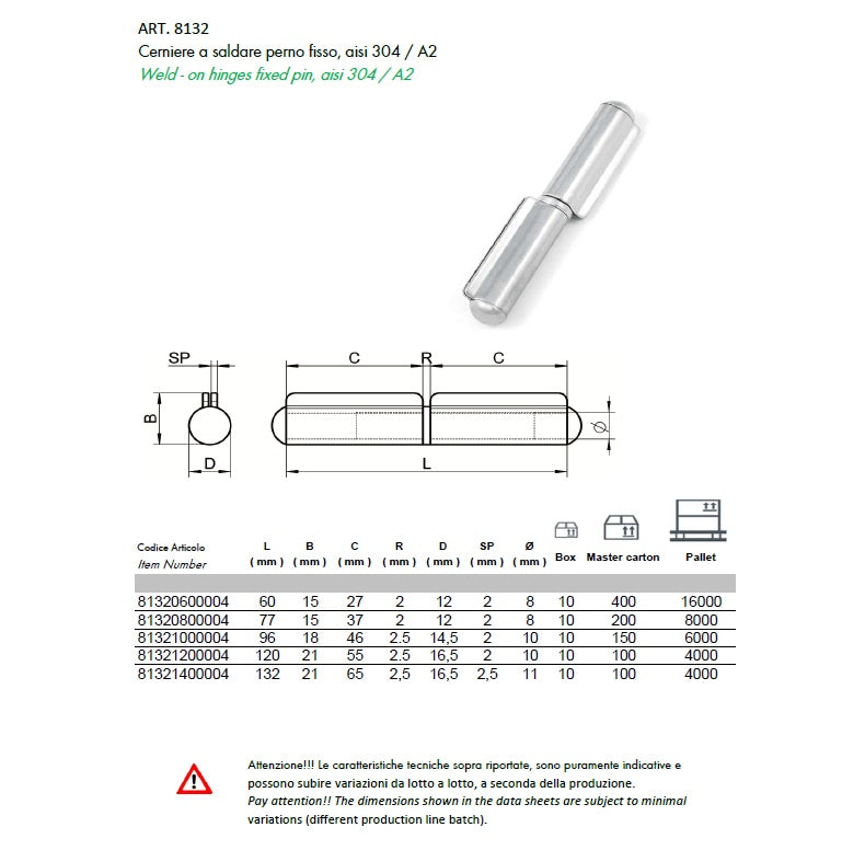 Cerniera a saldare 2 ali perno fisso inox AISI 304