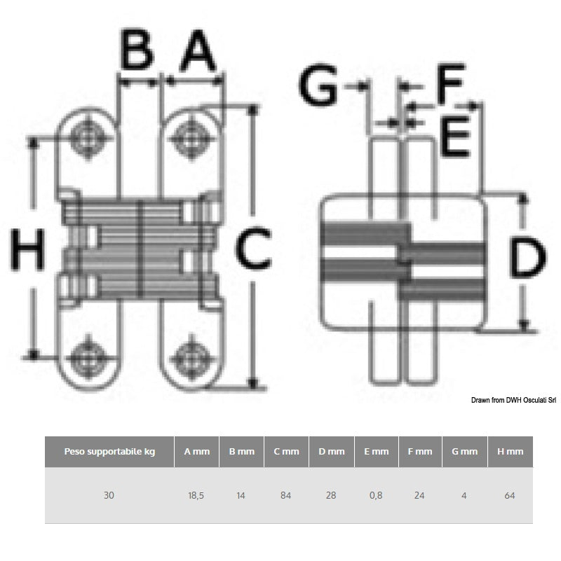 Cerniera a scomparsa inox mm 84 (Conf. da 2Pz)
