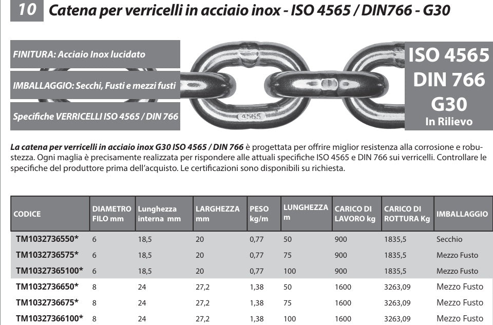 Catena Calibrata 6 mm x 30 mt in Acciaio Inox per verricelli e salpa Ancora