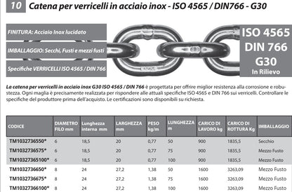 Catena Calibrata 6 mm x 30 mt in Acciaio Inox per verricelli e salpa Ancora