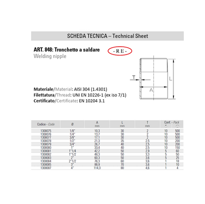 Tronchetto a Saldare in Acciaio Inox AISI 316