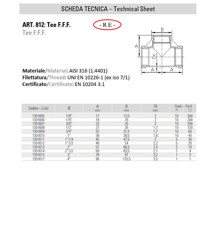 Tee F.F.F. in Acciaio Inox AISI 316
