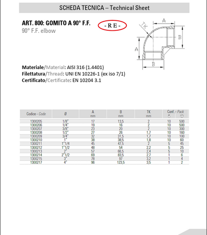 Gomito 90° F.F. in Acciaio Inox AISI 316