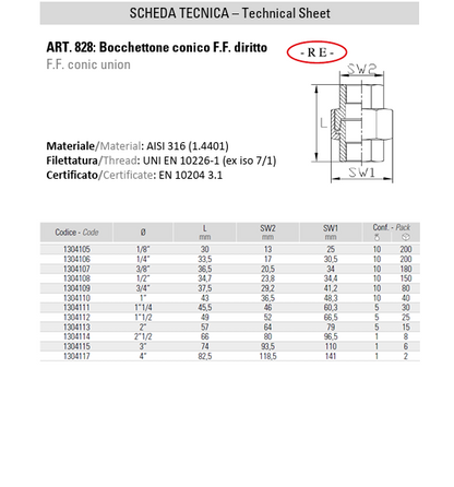 Bocchettone Conico F.F. Diritto In Acciaio Inox AISI 316