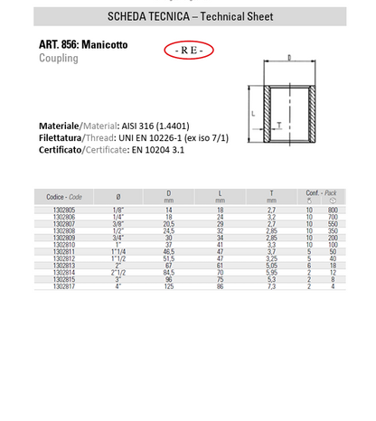 Manicotto in Acciaio Inox AISI 316