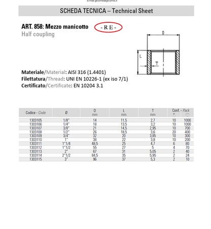Mezzo Manicotto 1" in Acciaio Inox AISI 316