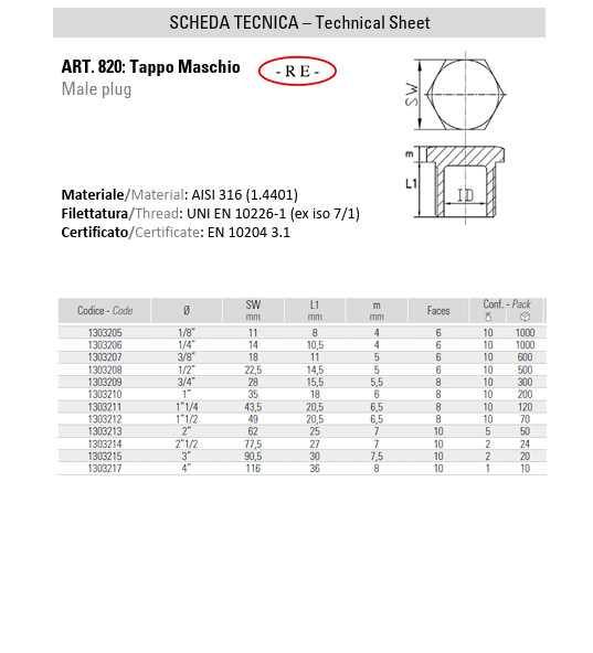 Tappo Maschio in Acciaio Inox AISI 316