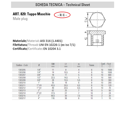 Tappo Maschio in Acciaio Inox AISI 316