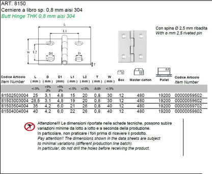 Cerniera a libro sp. 0,8 mm inox AISI 304