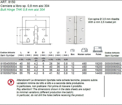 Cerniera a libro sp. 0,8 mm inox AISI 304